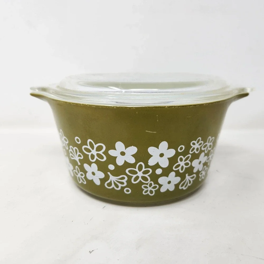 Vintage Pyrex 473-B Spring Blossom Green Crazy Daisy 1 Qt Casserole Dish Lid
